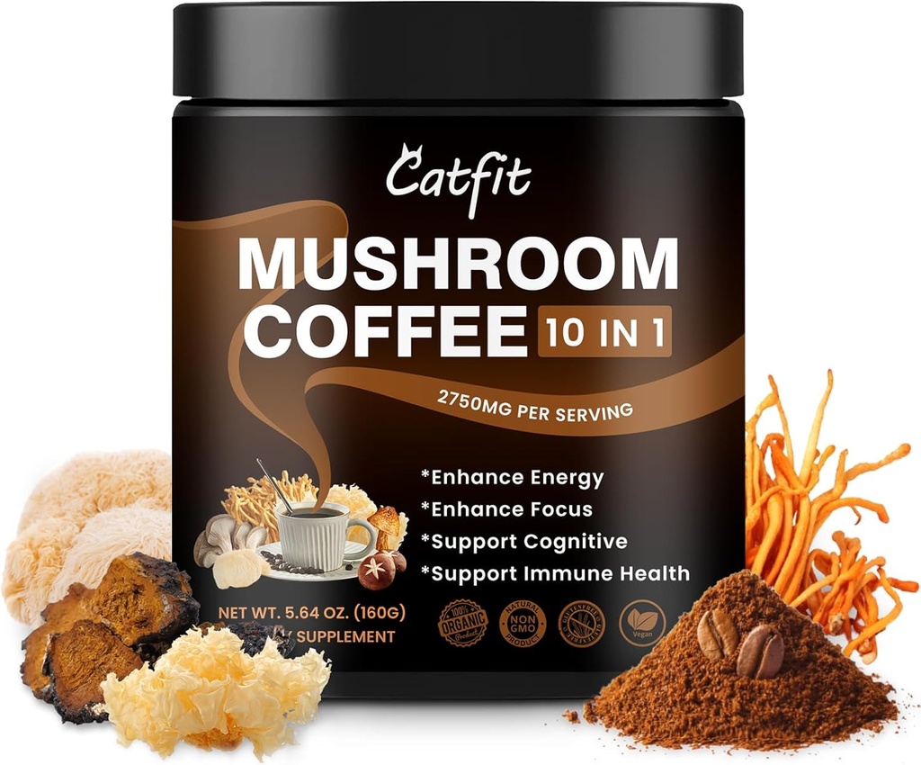 Catfitのきのこのコーヒー粉、10のきのこのブレンドはライオンのマネ、チャガ、コルディセプ、エネルギー、焦点、認知および免除、50のサービングと補います
