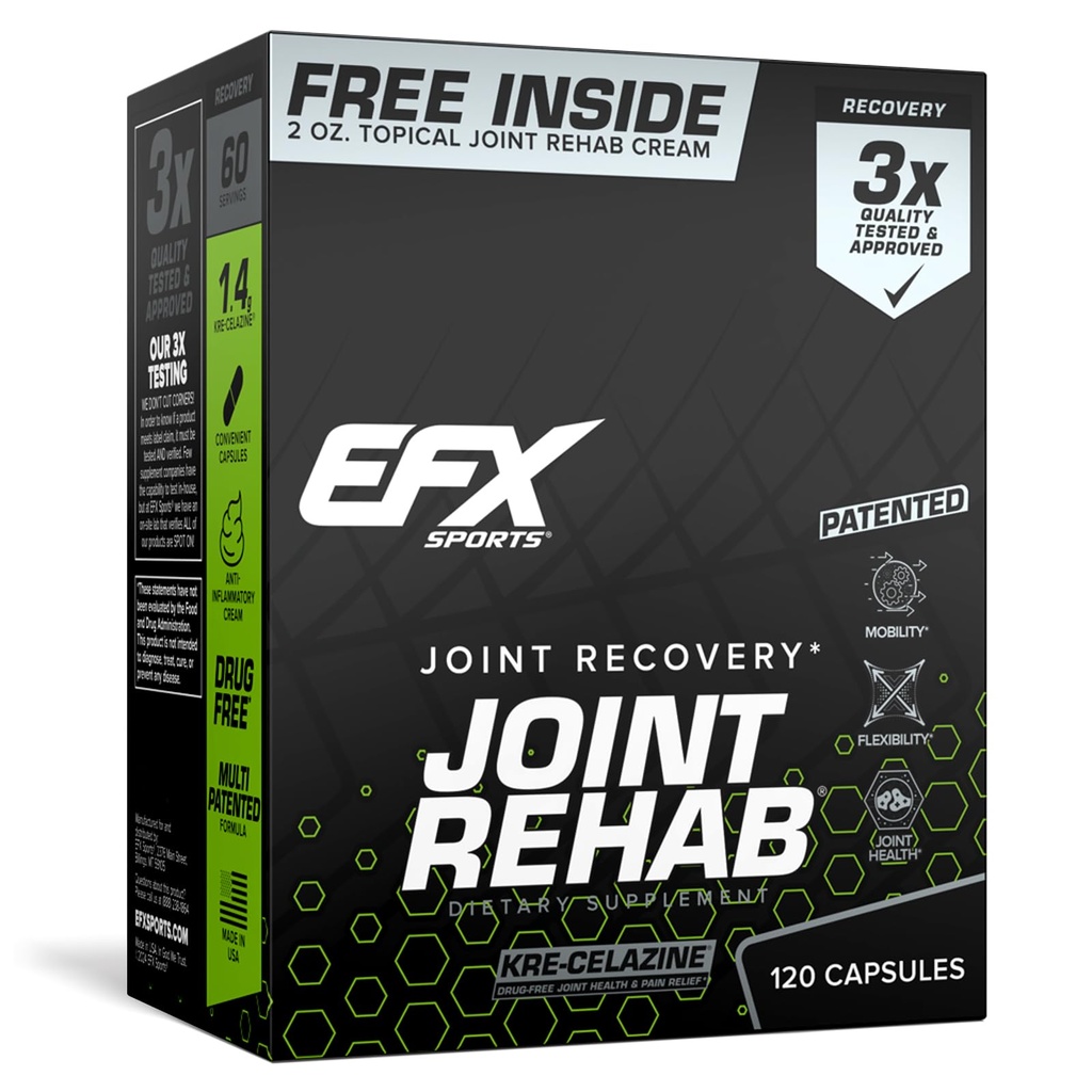 EFXスポーツジョイントリハブリカバリキット | Kre-Celazine® | モビリティ&ジョイントヘルス | 120カプセルクレアルカリンクレアチン + 2 oz 化粧クリーム