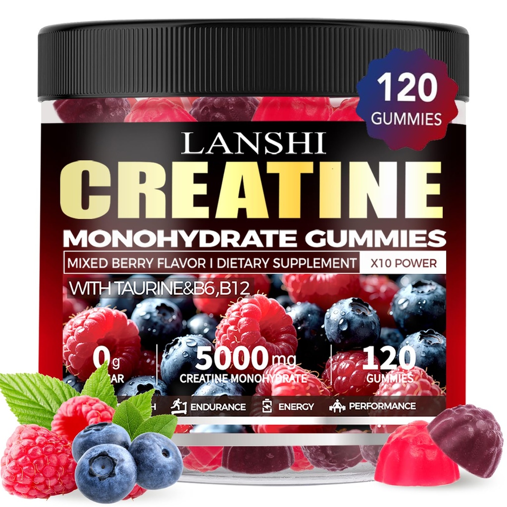 クレアチンの Monohydrate のグミー 5000mg - 男性及び女性のための砂糖の自由な前ワークアウトの補足、筋肉、強さ、回復、認知の健康及び記憶、混合されたベリー味、120の計算のためのクレアチンのグミー