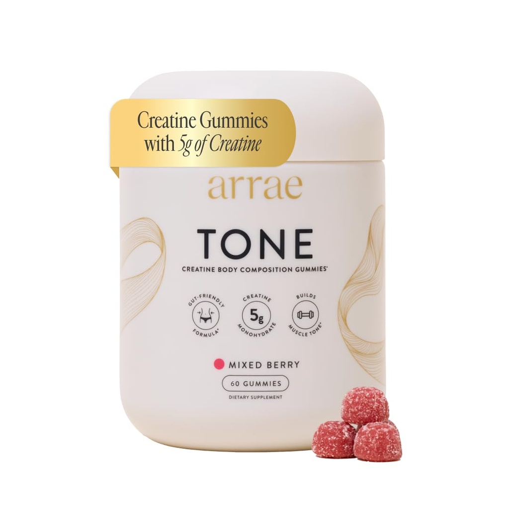 Arrae Tone Gummies – 女性のためのクレアチンモノハイドレート – リーンマッスルをサポート, 強度 & 回復 – 混合ベリー味 – 60 カウント
