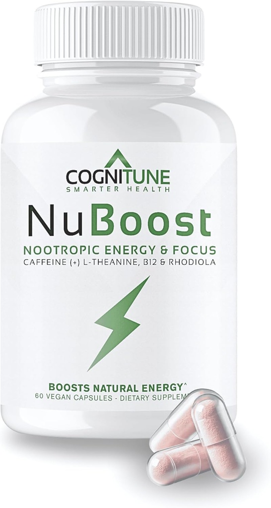 CogniTune NuBoostのエネルギー及び焦点の頭脳の補足、カフェインL-テアニン、ビタミンB12、Rhodiola + BioPerine、衝突無し、ジッターは100mg Caffeineの丸薬、きれいなNootropicの頭脳のブースター、60のCtを放します