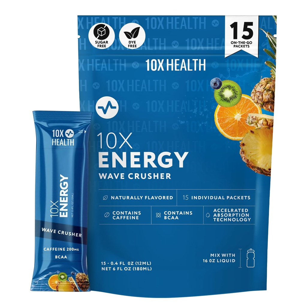 10X健康 - エネルギー波の粉砕機 - 200mgカフェイン、BCAAs、ビタミンBのエネルギー飲み物、加速吸収 - 熱帯パンチプレワークアウトドリンク - 15ドリンクミックスパケット(ウェーブクラッシャー - エネルギー)