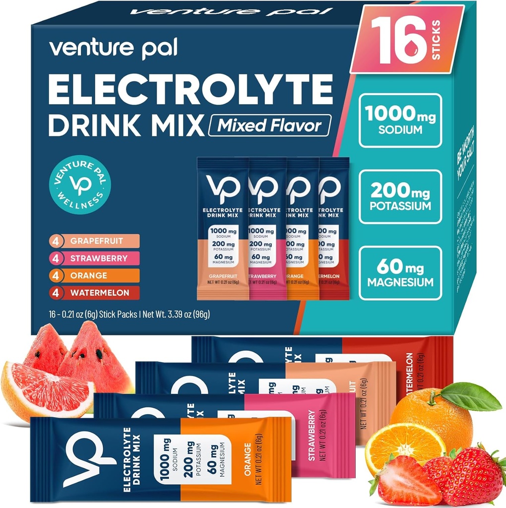 Venture Pal High Sodium Sugar Free Electrolytes Powder Packet - Hydration Packets with Vitamin, Sodium & Potassium | Zero Calories | Vegan, Keto & Paleo Friendly Electrolyte Drink Mix - 16 Sticks