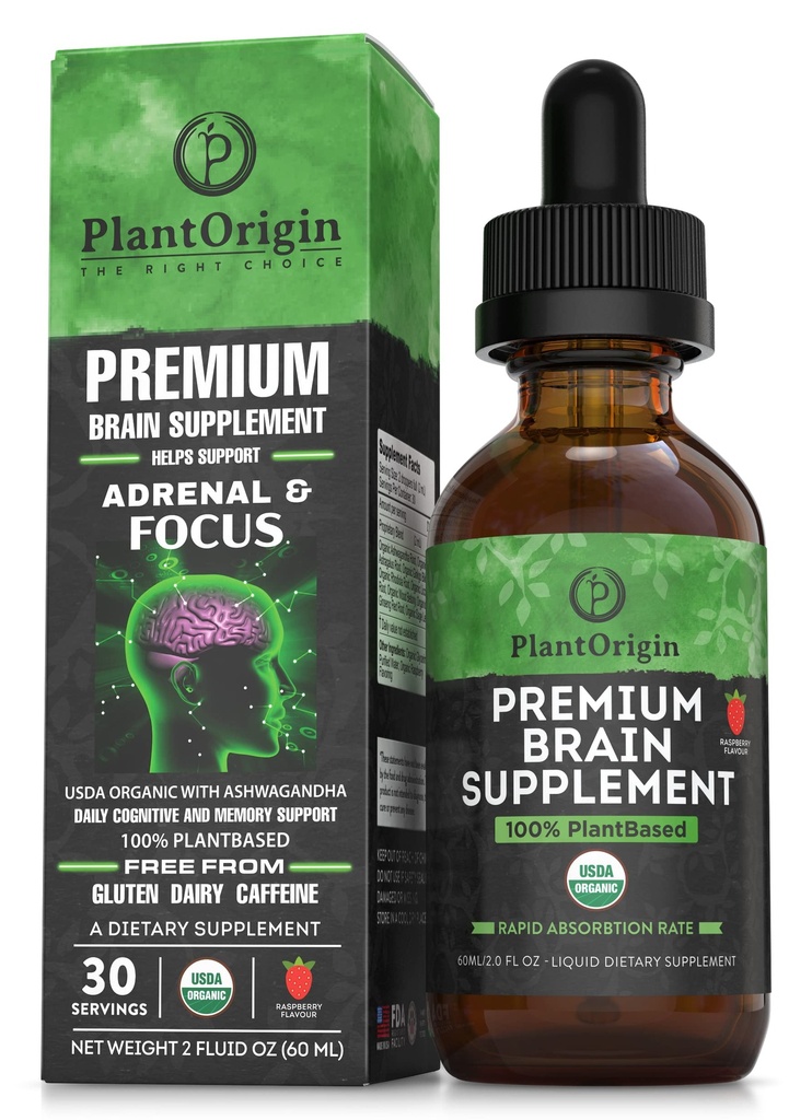 PLANTORIGIN-USDAオーガニック液体脳サプリメント - 植物ベースの向知性低下フォーカス、メモリ&メンタルクラリティ - ビーガン、非GMO、カフェインフリー、アッシュワガンダ、ギン、イチョウ、ロディオラ - アメリカ製