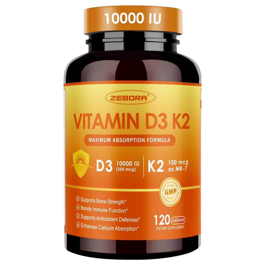 ZEBORA Vitamin D3 K2 - Maximum Strength 10000IU D3 & 100mg K2 as MK-7 - Heart, Bone, Immune Health & Antioxidan Defenses Support - Gluten-Free, Non-GMO, 120 Capsules