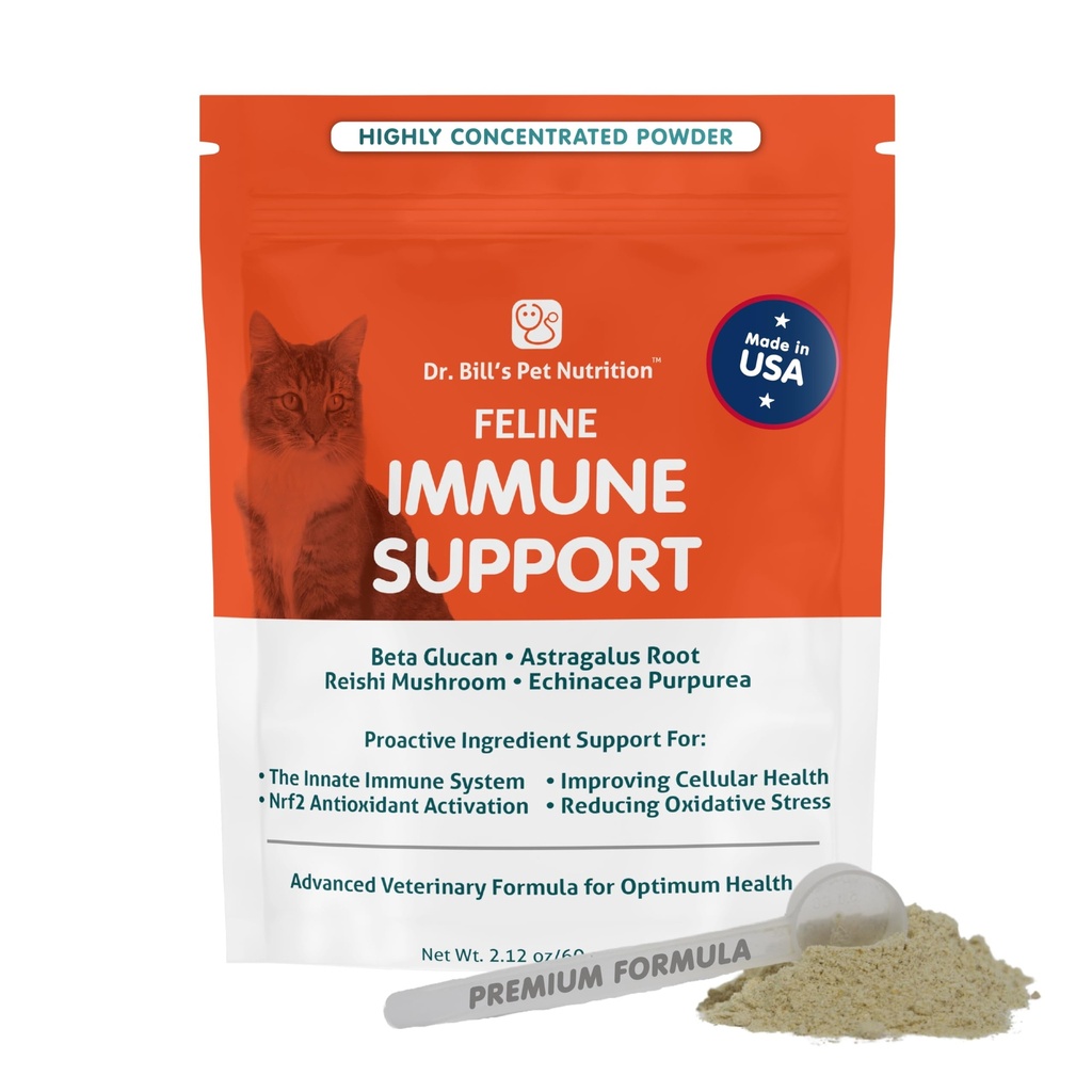 Dr. Bill's Feline Immune サポート | Colostrum、Beta Glucan、トルコテールマッシュルーム、亜鉛&ビタミンC | すべての年齢の猫のためのパウダーサプリメント