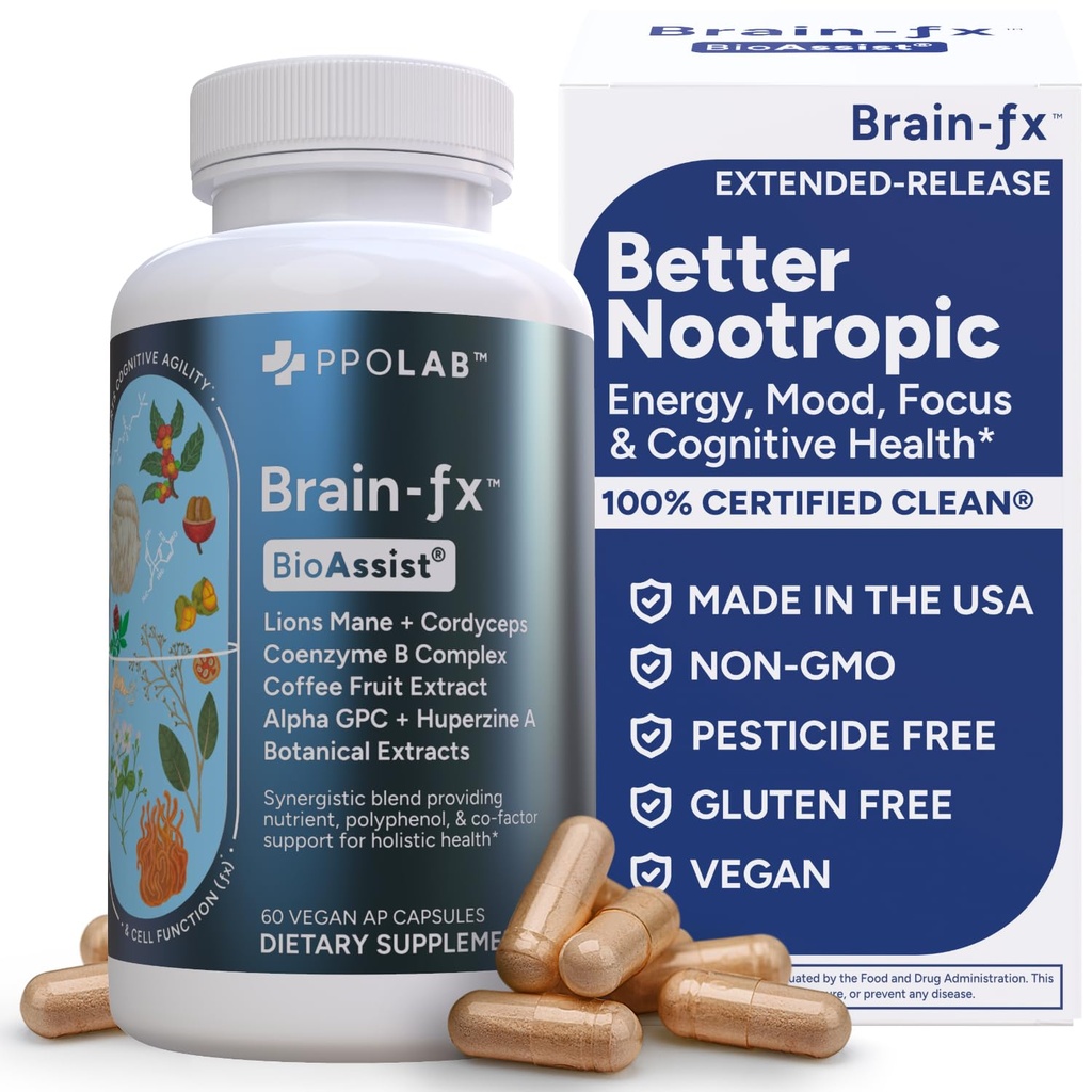 PPO Lab® Brain-fx™ Extended-Release Vitamins for Brain Health, Supplement for Memory and Focus with Nootropics, BDNF Factor, Methylated B Complex, L-Theanine, Lions Mane, Alpha GPC - 60 Capsules