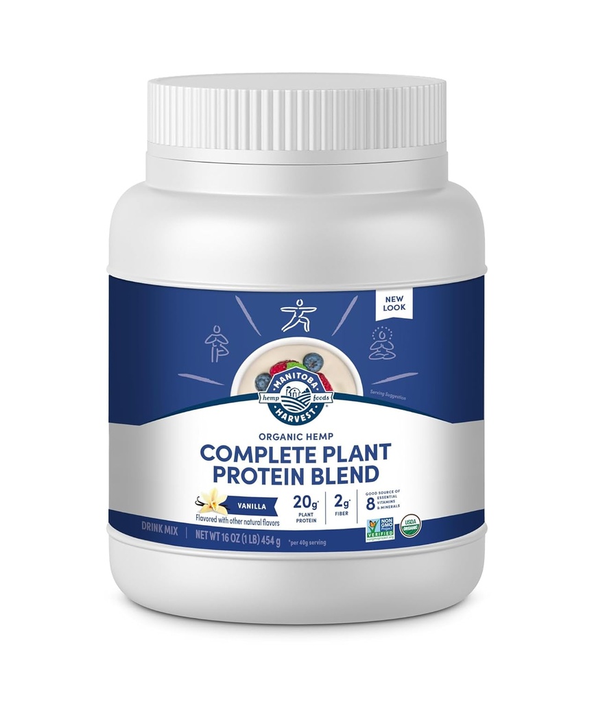 マニトバ収穫麻 有機植物ベースのプロテインパウダー、バニラ、16oz、20g完全な植物タンパク質(ヘンプとピー)、4gの繊維&1.9gオメガス3&6パーサービング、非GMO、ビーガン、パッケージング5月Vary