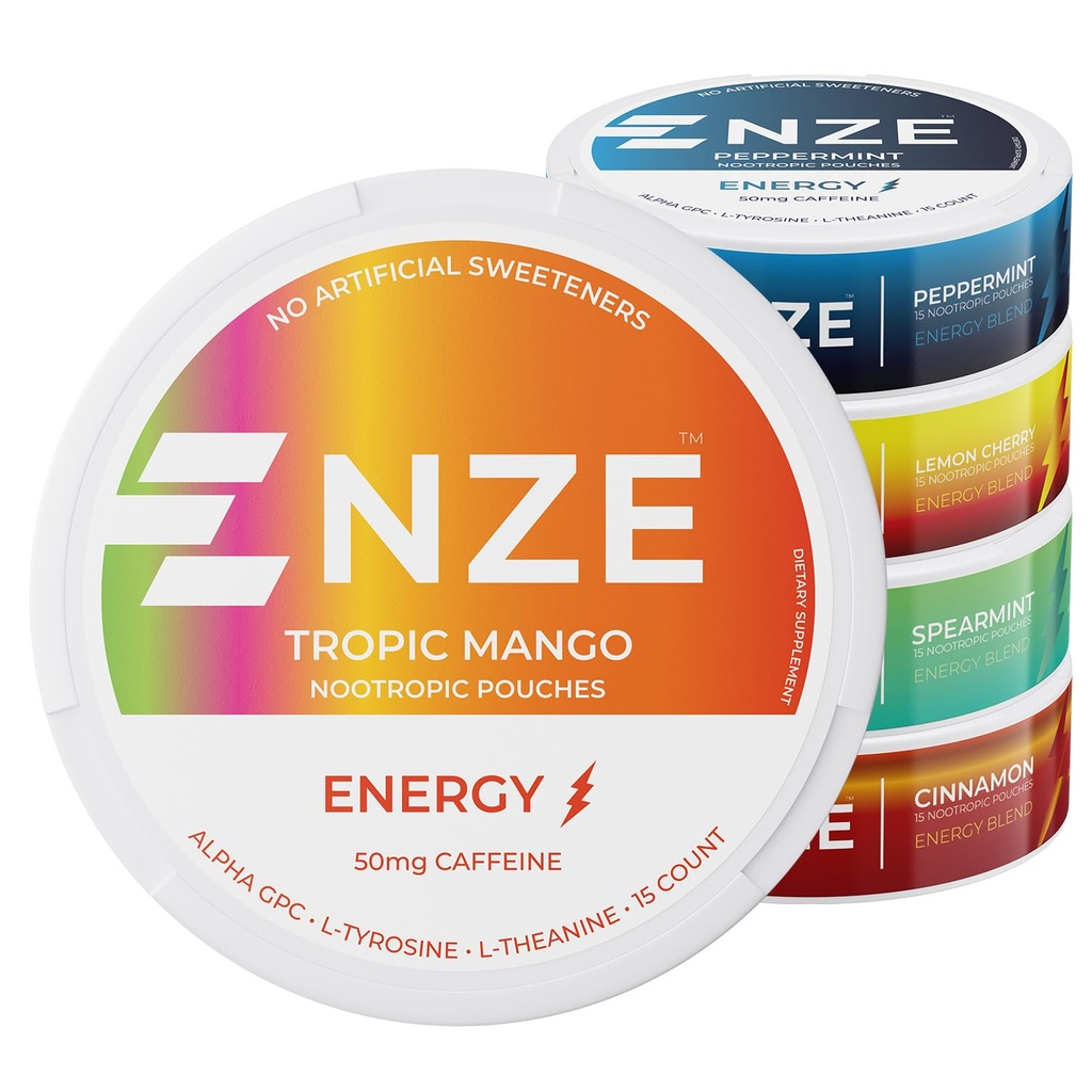 NZEカフェイン向知性ポーチ(バラエティパック) - 50mgカフェイン、アルファGPC、Lチロシン&L-テアニンと砂糖や人工甘味料なし - 缶あたり15袋 - 5パック