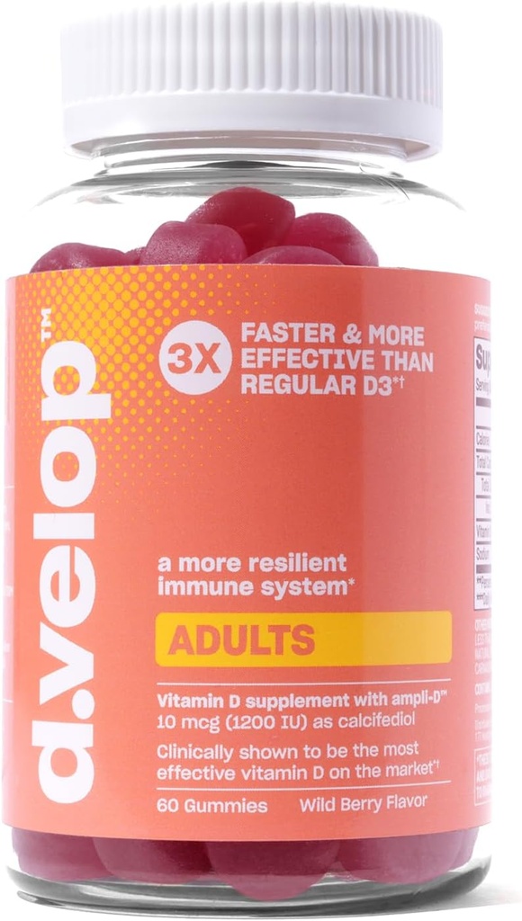 大人のためのd.velopビタミンDグミー - 1200 IU、10 mcg - 高効力ビタミンD3グミー - 免疫サポート、骨と心臓の健康 - 3X高速&より効果的 - 新しいフォーミュラ、ワイルドベリー味60カウント