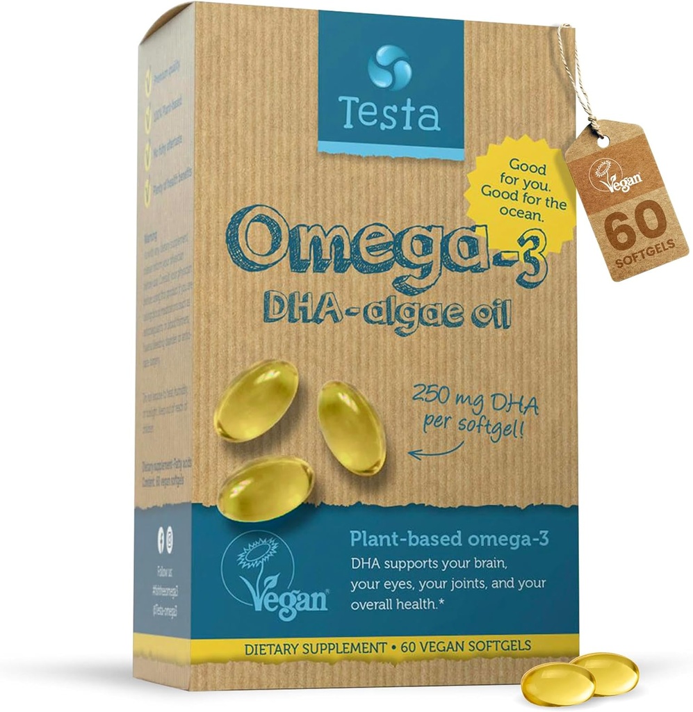 Testaオメガ3サプリメント - アルゲーオイルから250mg DHA - ビーガンオメガ3 - サポート脳、目と関節の健康 - 魚ではなく、純粋な藻カプセル - 2ヶ月の供給