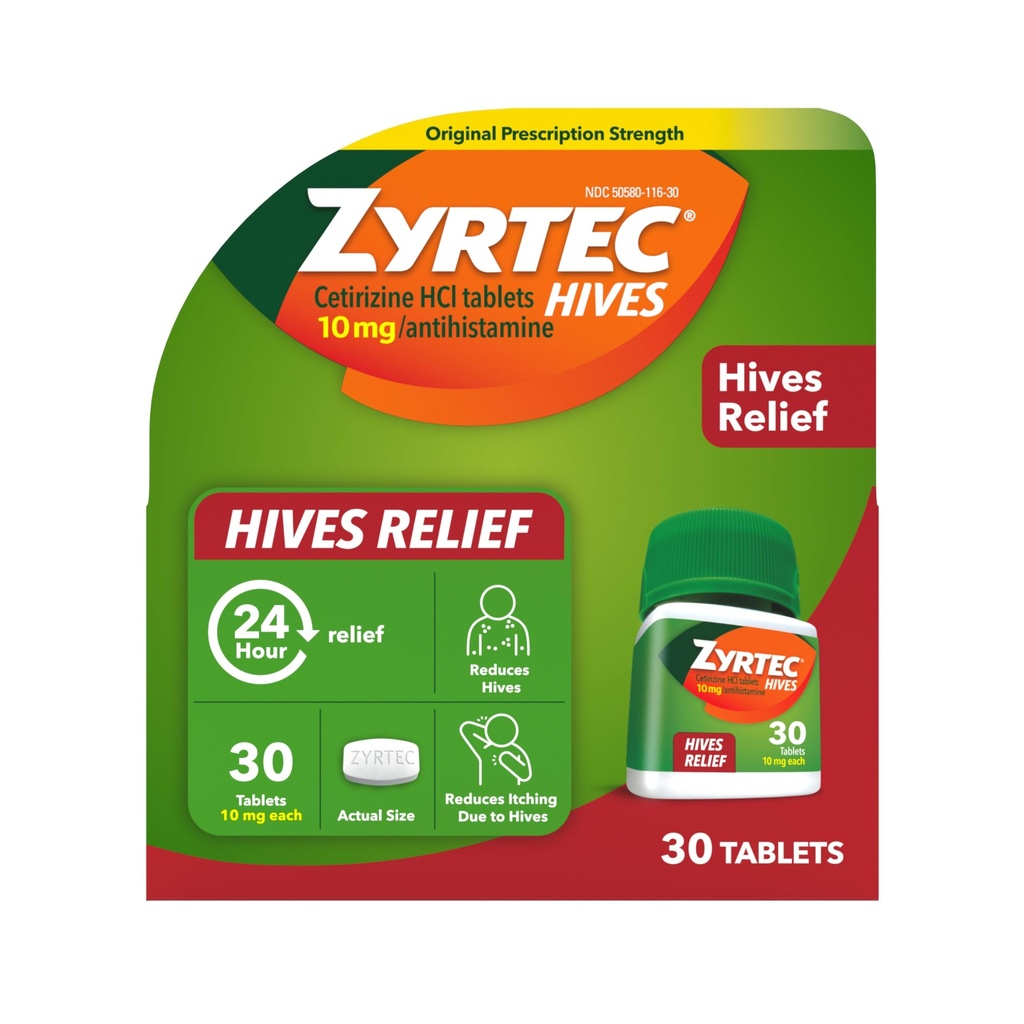 Zyrtec 24 時間は救助のタブレット、10のmgのCetirizine HClのタブレットをHivesのために取除き、Urticariaの痛みの軽減及び処置のためのAntihistamineのタブレット、30のct減らすのを助けます