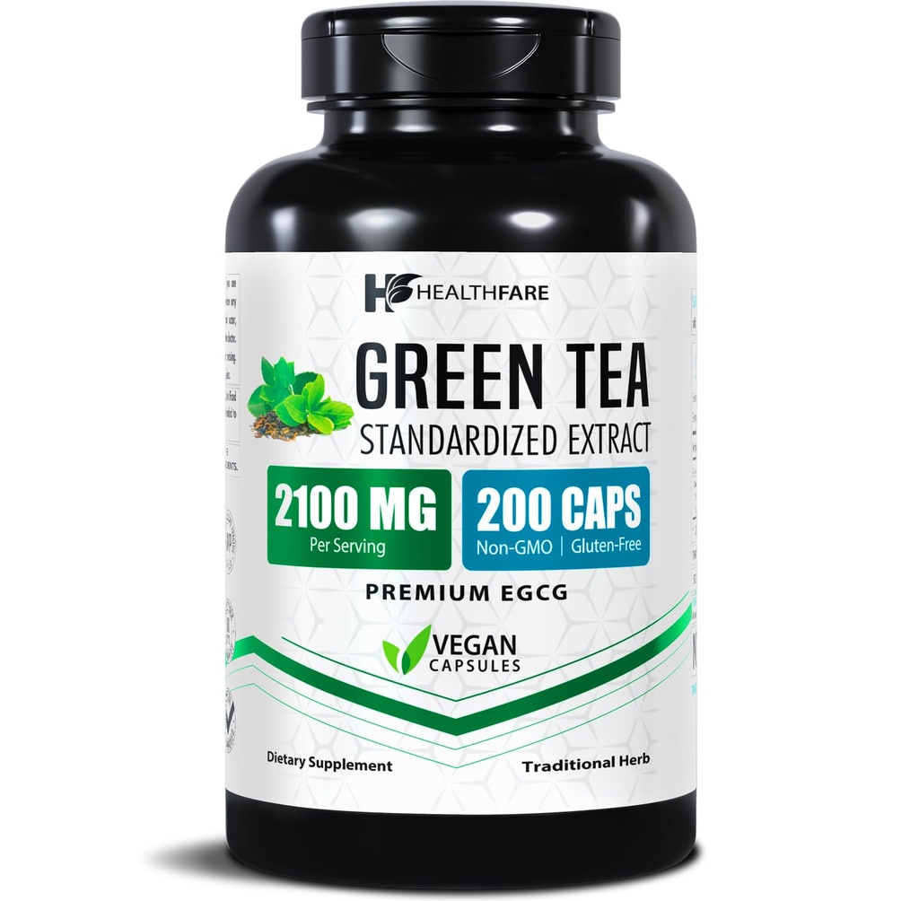 ヘルスファーレグリーンティーエキスピル2100mg | EGCG&ポリフェノール配合のサプリメント | 200 ビーガンカプセル | 余分な強度抗酸化剤サポート | 非GMO、グルテンフリー | アメリカ製