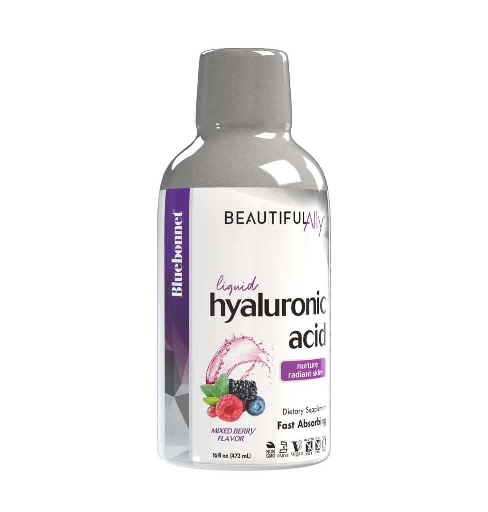 Bluebonnet栄養の美しい味方液体Hyaluronic酸、Nurture Radiant Skin*、非GMO、ビーガン、Kosher認定、グルテンフリー、大豆フリー、乳製品フリー、混合ベリー風味、16 fl oz、32 サービング