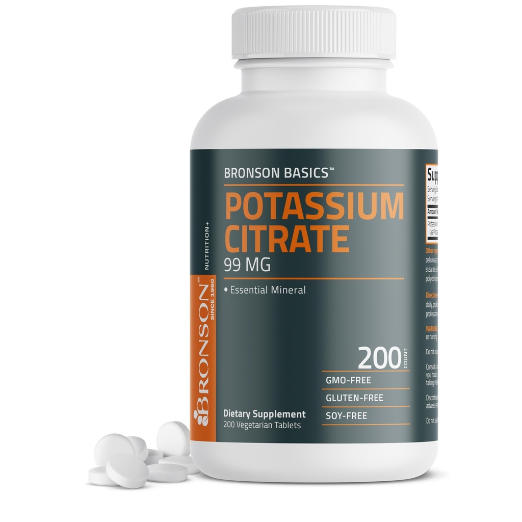 Bronson Potassium Citrate 99mg Essential Mineral Non-GMO, 200 Vegetarian Tablets
