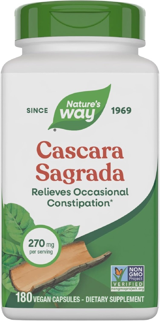 Nature's Way Cascara Sagrada Bark、大人と子供の年齢のための時事な便秘救済12 +、サポートレギュレーション*、非GMOプロジェクト検証、サービングあたり270 mg、180カプセル(パッケージ5月Vary)