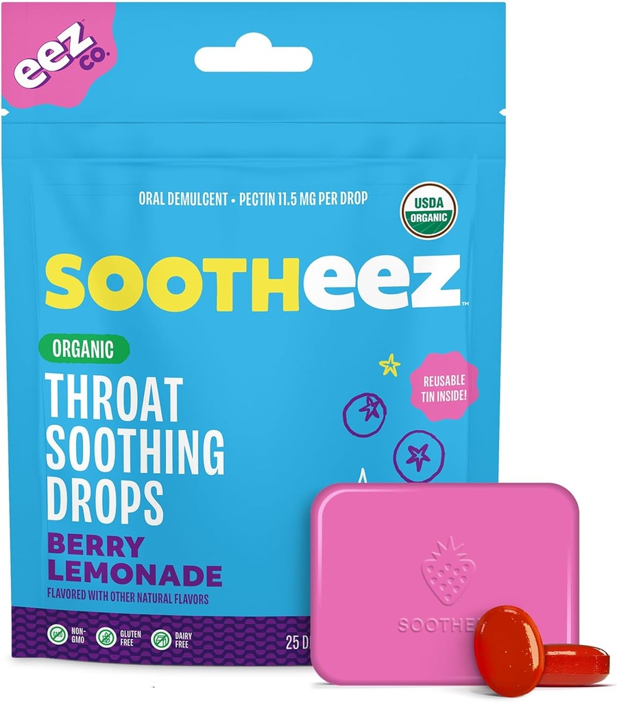 Sootheez Organic Throat Soothing Drops for Adults, ベリー・レモネード, 25 カウント, 詰め替え可能, 大きい tasting Drops その Sooth Sore Throats