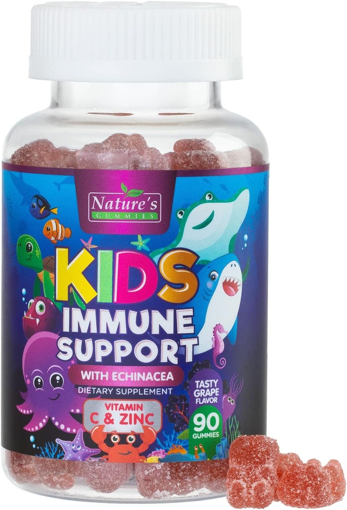 Kids Immune Support Supplement Gummies - Daily Childrens Vitamins C, Zinc & Echinacea - Gummy for Kids Immunity Support, Ages 4 and Up, Natural Berry Flavor, Non-GMO, Gluten-Free & Vegan - 90 Gummies