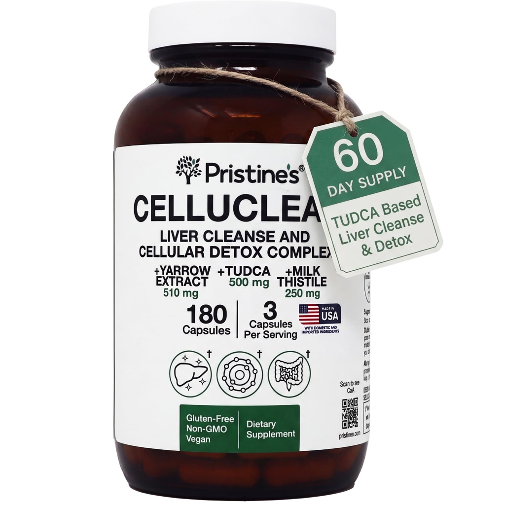 PRISTINE'S CelluClean Liverクレンジングとデトックスサプリメント – TUDCA, Yarrow Extract & Milk Thistle – 3rd Party Tested, Non-GMO Bile Salts Remover – ビーガン, GMPファシリティ, アメリカガラスボトル製