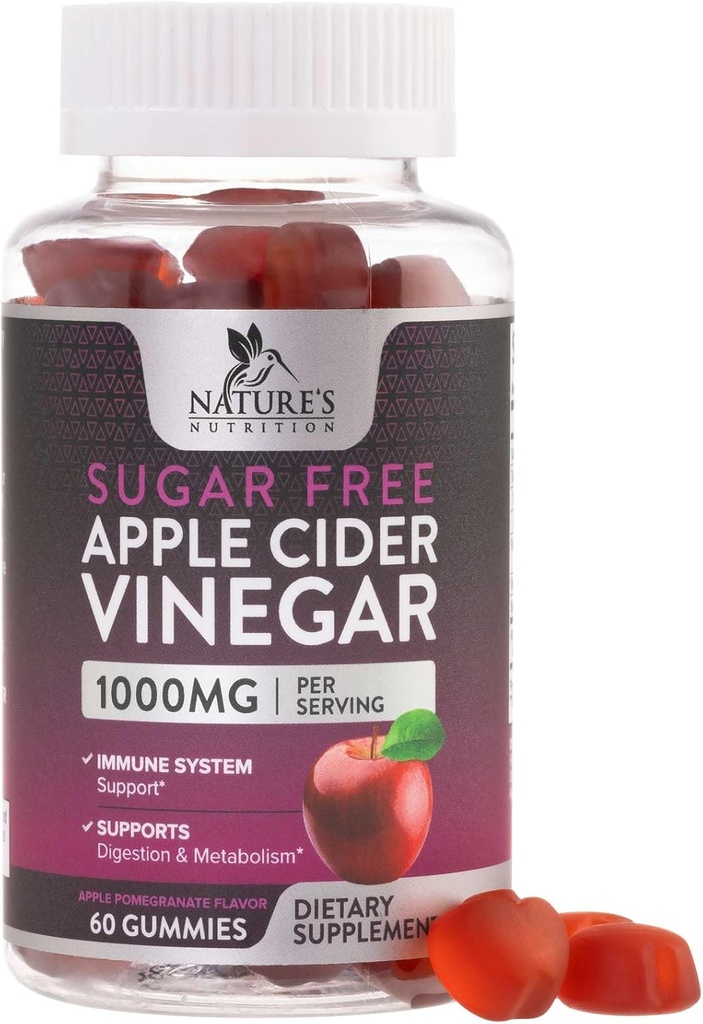 減量1000mgのためのApple Cider Vinegar Gummies - Detox&Cleanse、ACVサプリメントピル、ビタミンB12、砂糖無料ACVガミー、非GMO、自然の栄養 - 60グミ