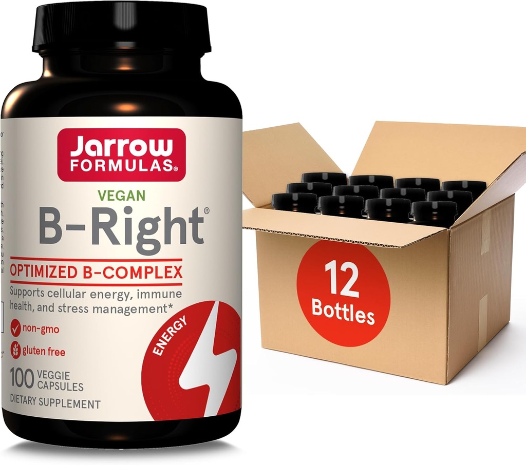 JarrowフォーミュラB-Right、Vit B1、B2、B5、B6、B12、B9を特徴とする最適化されたBコンプレックスは、セルラーエネルギー、免疫の健康とストレス管理、100ベジーキャップ、最大100日の供給、12のパックをサポート