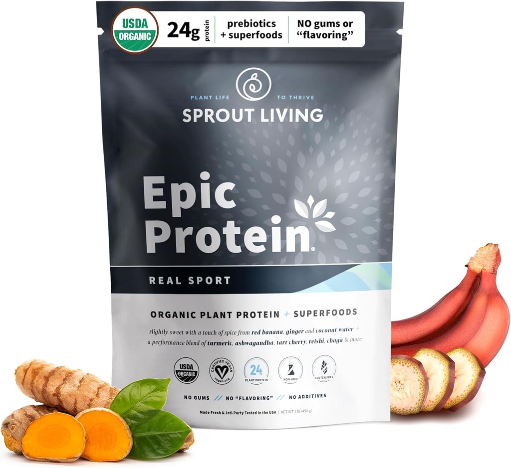 Sproutリビング, Epic Protein, 植物ベースのたんぱく質 & スーパーフードパウダー, リアルスポーツ | 24グラムオーガニックプロテインパウダー, 回復, ビーガン, 非乳製品, 非GMO, グルテンフリー, 低砂糖 (1ポンド, 12 サービング)