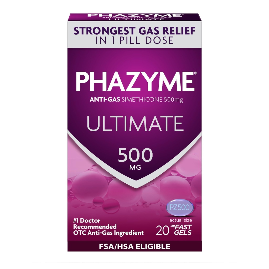 Phazymeの最終的な強さの大人の反ガス500のmg Simethiconeのガスの救助、速いゲルはBloating、圧力および不快感、20の計算をすぐに感じます