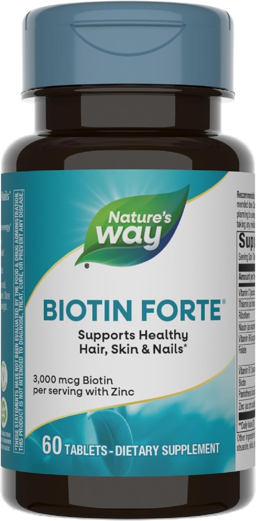 Nature's Way Biotin Forte, Supports Healthy Hair, Skin & Nails*, 3000 mcg Biotin per Serving, with Zinc, Vitamin C, B-Vitamins, 60 Tablets (Packaging May Vary)