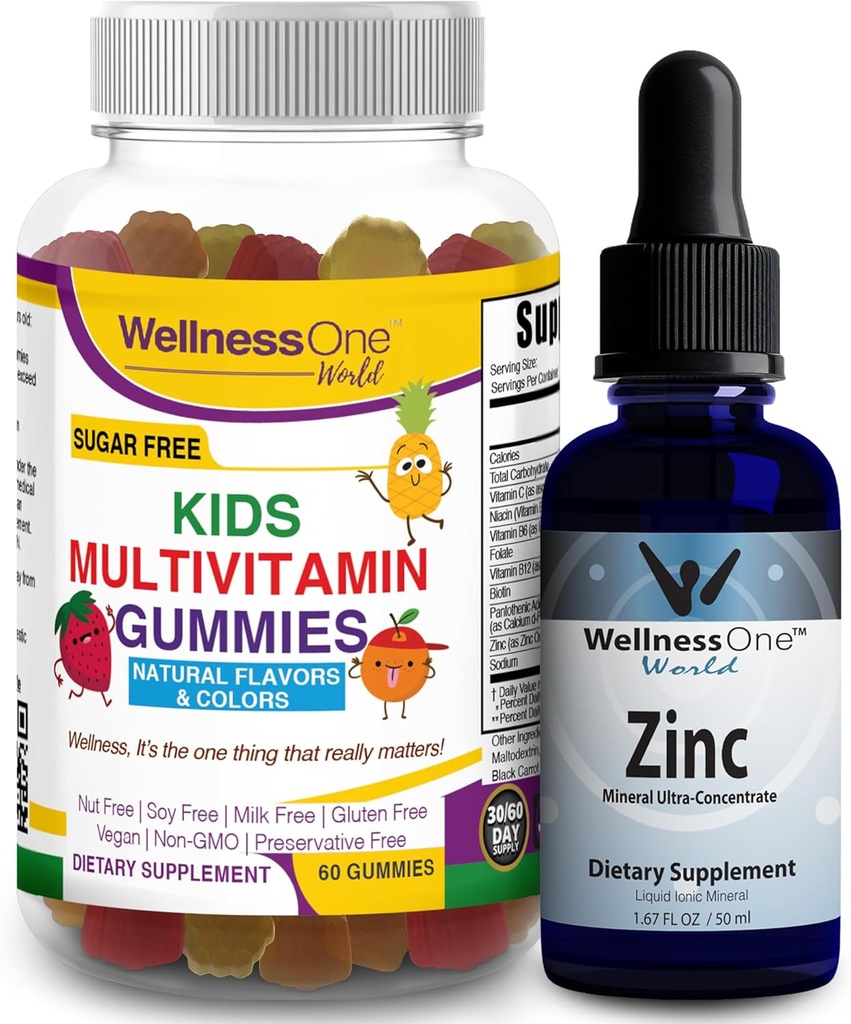 WellnessOne の液体亜鉛及び子供 Multivitamin のグミー - 大きい Duo はエネルギー、免除及びあなたの子供の頭脳の健康を後押しします - 1.67 の fl の oz 亜鉛液体の低下及び 60 の熊の子供のためのフルーティーな味の多ビタミン