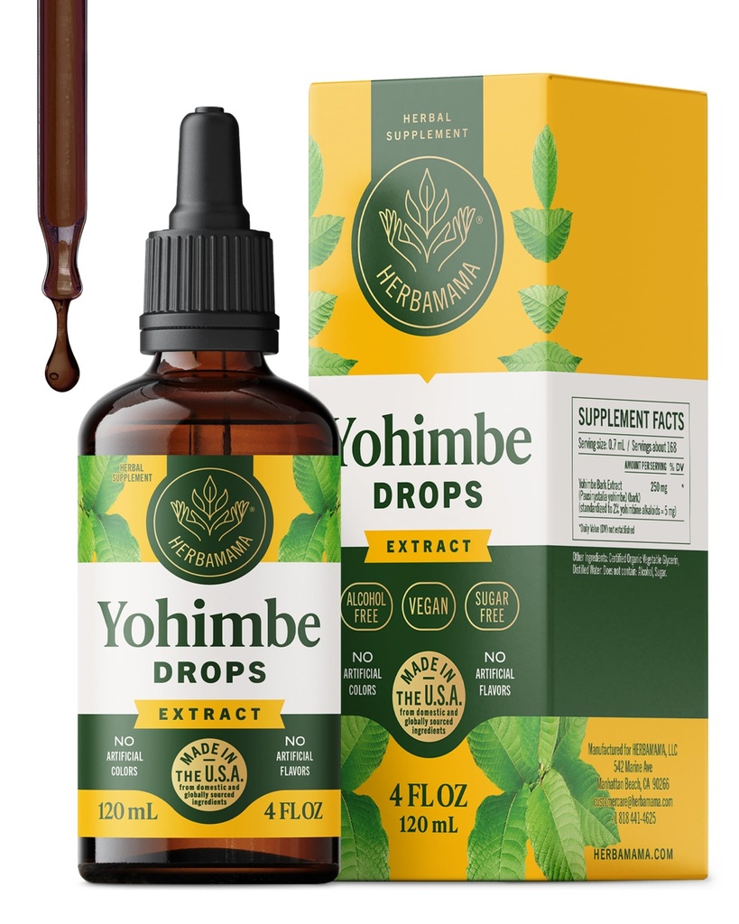 HERBAMAMA Yohimbe Supplements for Men & Women - Vegan Overall Support with Yohimbe Bark Extract - Non-GMO, Alcohol & Sugar-Free Yohimbine Tincture, 84-Day Supply