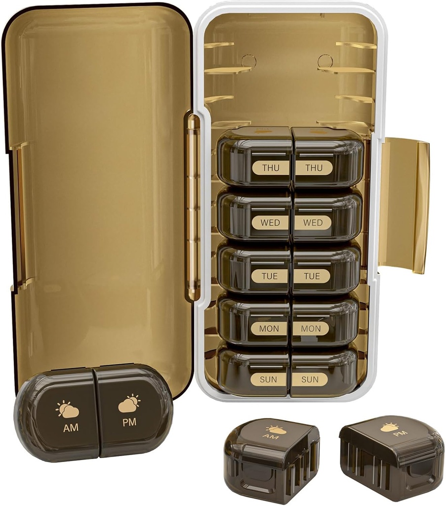 週刊ピルオーガナイザー2日、湿気防止、取り外し可能なコンパートメント、AM PM Pill Box 2X 7日、Pills/Fish Oil/Medication/Vitamin/Supplements(ブラウン)のための旅行丸薬オーガナイザー