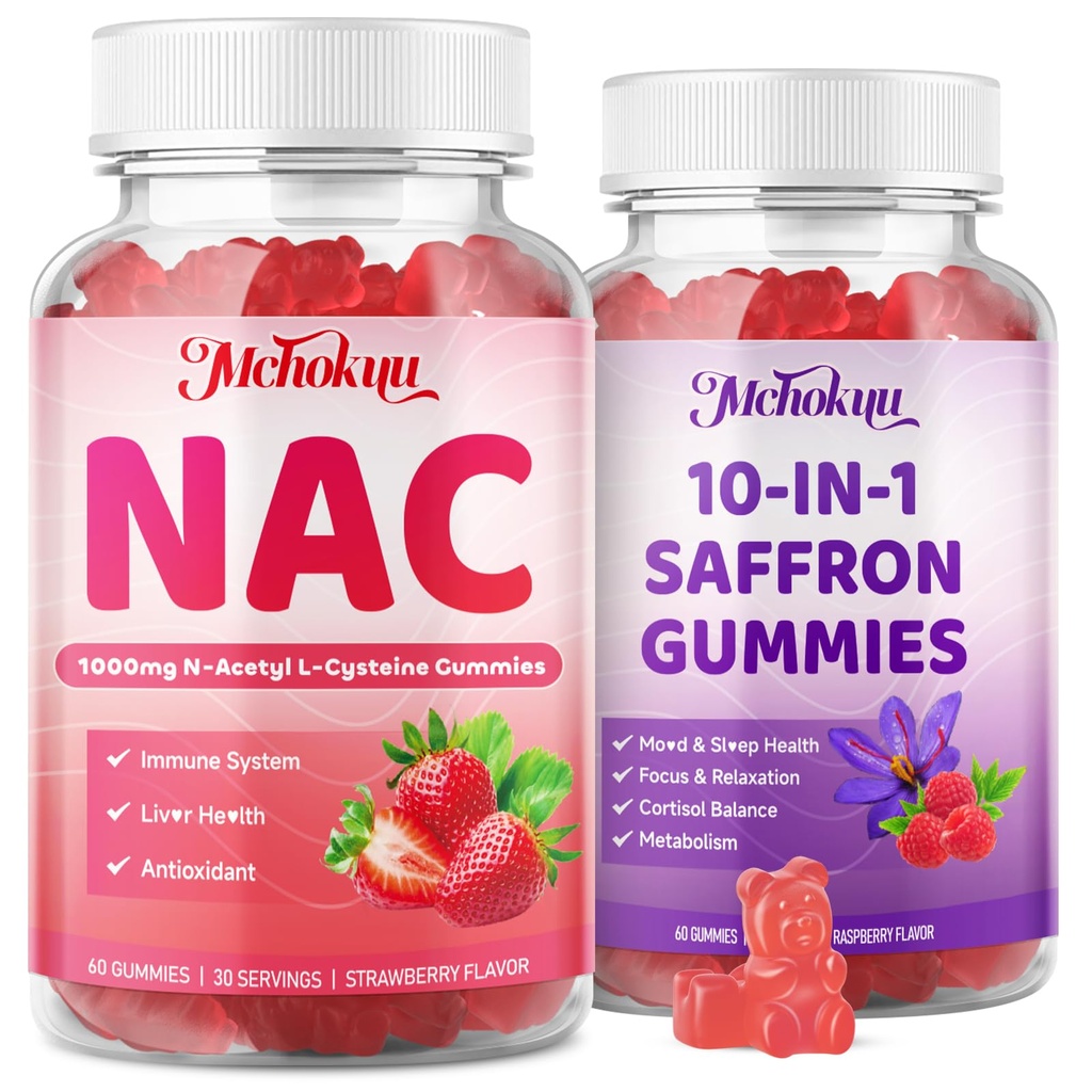 NAC Gummies and Saffron for Kids & Adults, Strawberry & Raspberry Flavor, 120 Counts Bundle