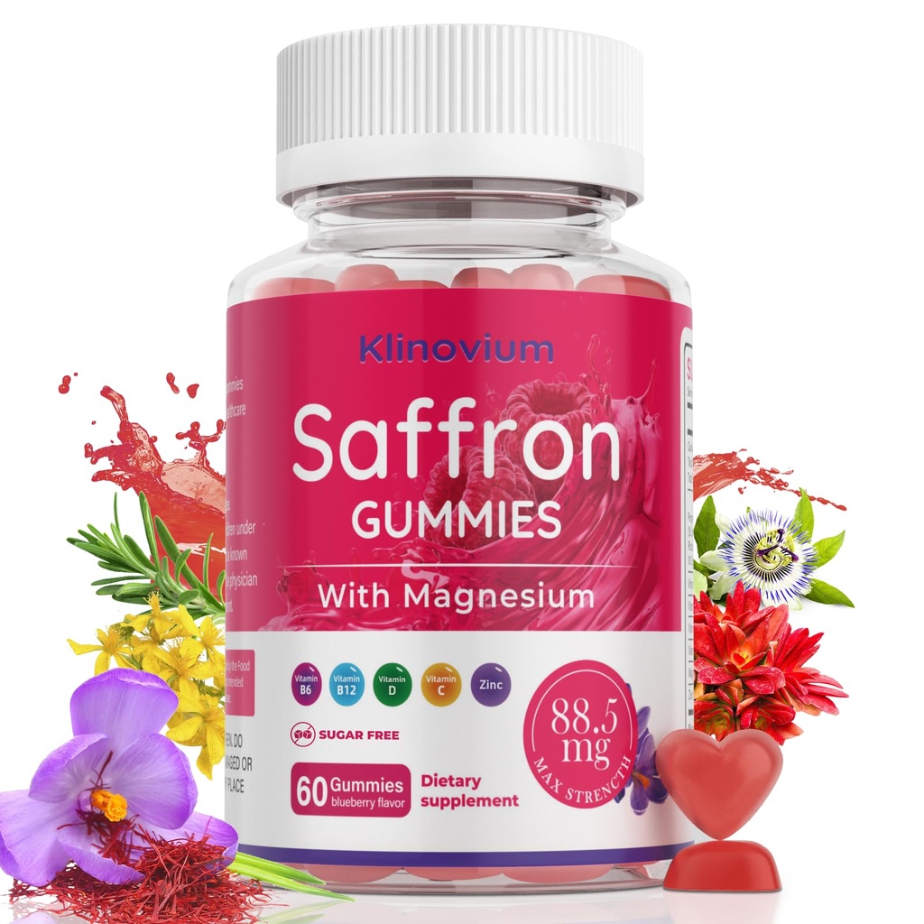 Saffron Gummies with Saffron 88.5mg + Magnesium Glycinate 300mg | Max Strength Saffron Supplements with St. John's Wort, L-Theanine, Rhodiola, Rosemary - Supports Mood & Focus