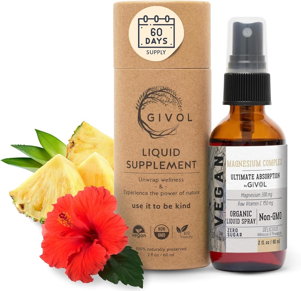 トリマグネシウムコンプレックス - マグネシウムのBiglycinate、クエン酸塩及びタウレートの液体のスプレー300mg w/RawのビタミンCはセレニティ、ボディ減圧を促進します - Hibiscus及びパイナップルの味60ml (2oz)