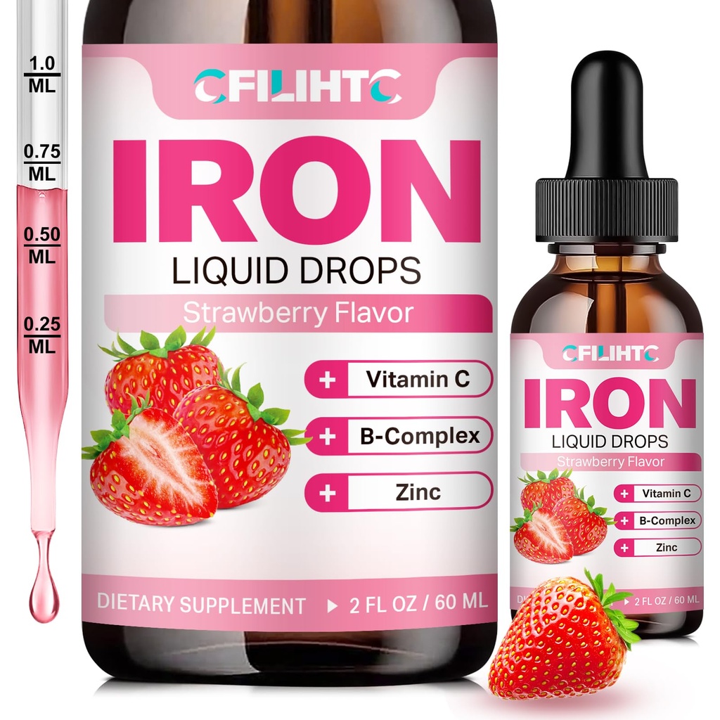 Liquid Iron Supplement for Women Men & Kids Multivitamin Iron Drops with Folate, Vitamin C, B6, B12, Zinc for Anemia, Iron Deficiency, Blood Builder, Energy - Natural Strawberry Flavor, Vegan 2 Fl Oz