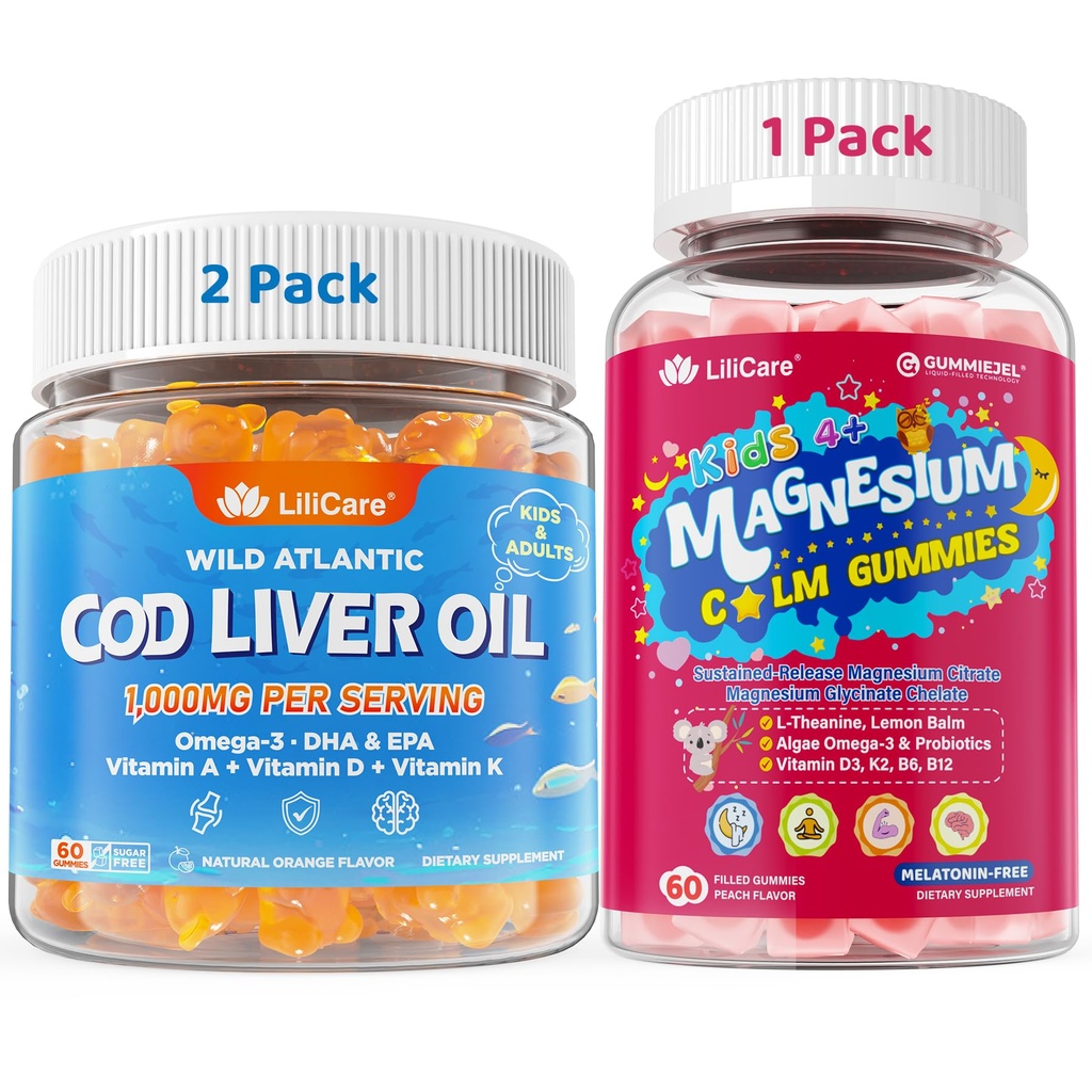 LILICARE Bundle: Cod Liver Oil Gummies 1 Pack & Magnesium Glycinate Gummies for Kids 4+ 1 Pack