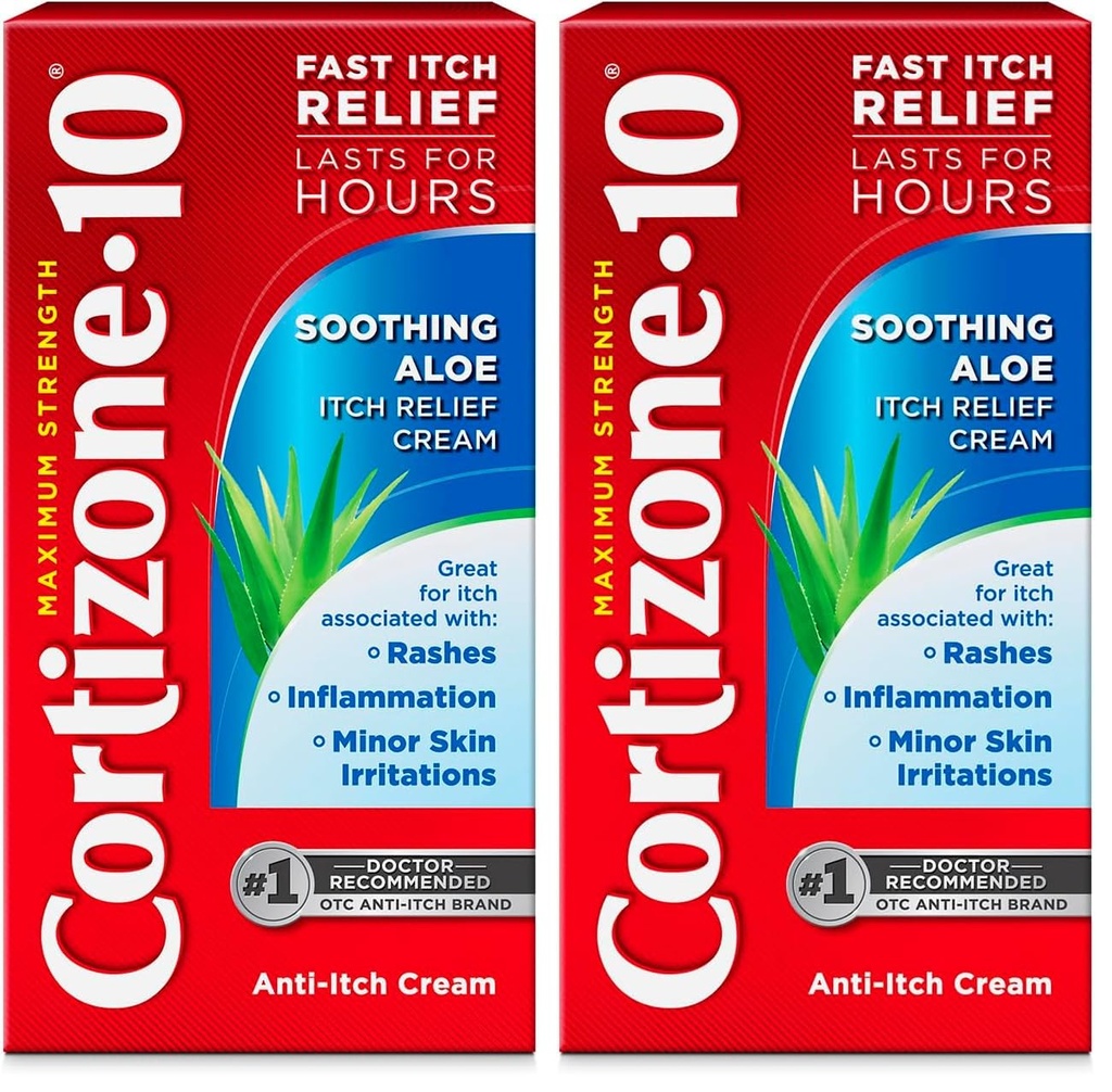 Cortizone-10 Maximum Strength Soothing Aloe Itch Relief Cream,1% Hydrocortisone,Fast-Acting,Anti-Itch Cream for Bug Bites,Rash,Eczema,Psoriasis,Poison Ivy,Oak,Sumac & More,1 oz,(Pack of 2)