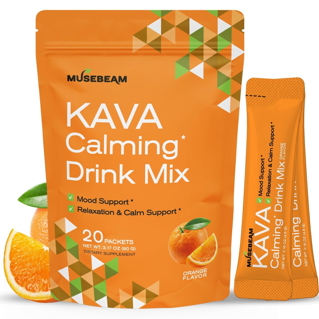 MuseBeam Kava Calming Drink Mix - Non-Alcoholic Instant Powder Drink with Kava & Lemon Balm Extract for Calm & Relaxation - Vegan Sugar Free Orange Flavored Mix 20 Packets