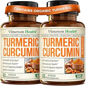 黒いペッパーのエキスが付いているTurmeric Curcuminの補足-接合箇所及び消化器の健康のための高い効力の有機性Turmeric 1200mg及び95% Curcuminoids -共同サポート補足- 60のcurcumaのカプセル- 2のパック