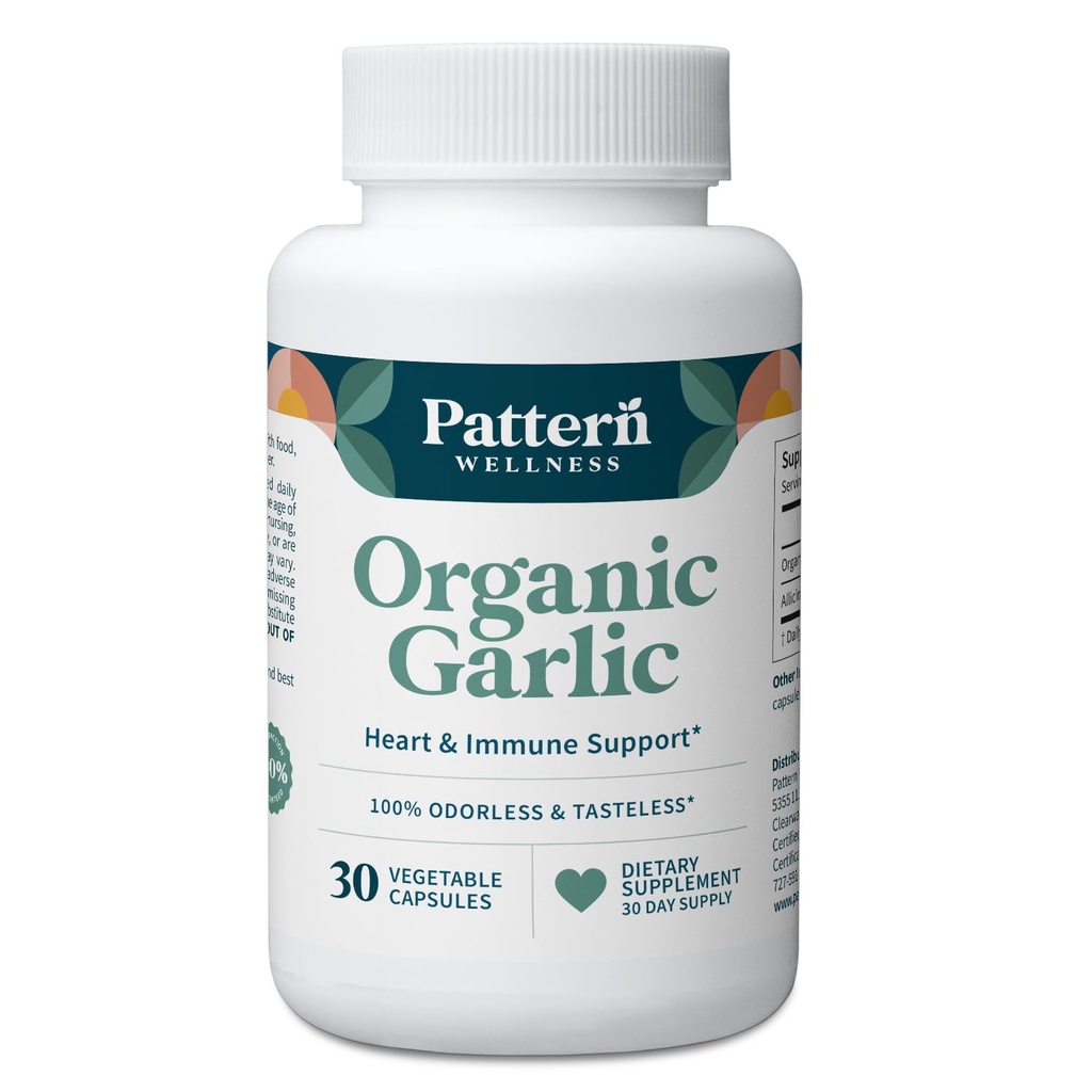 パターンウェルネス無臭有機ニンニク – 1000mg – 免疫, 循環 & 心臓の健康サポート – 非GMO & グルテンフリー – 30ビーガンカプセル