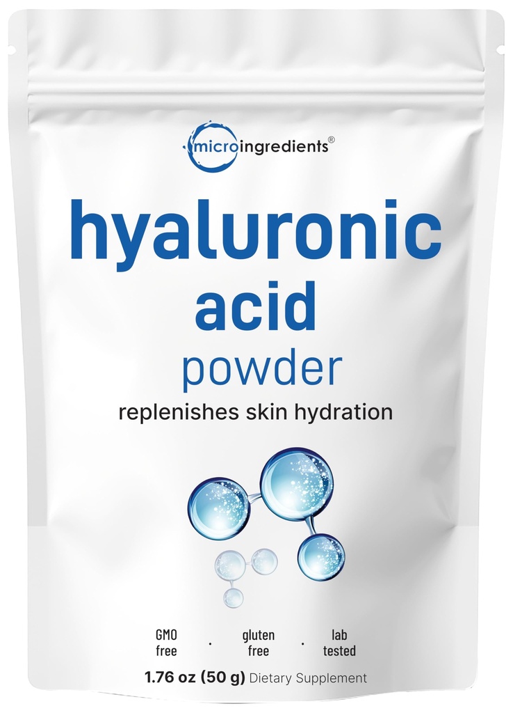 Micro Ingredients Hyaluronic Acid Serum Powder, 50 Grams | Low Molecular Weight, Cosmetics Grade | Skin Hydration and Moisture Support Supplements | Vegan, Water Soluble (Within 2 Hours)