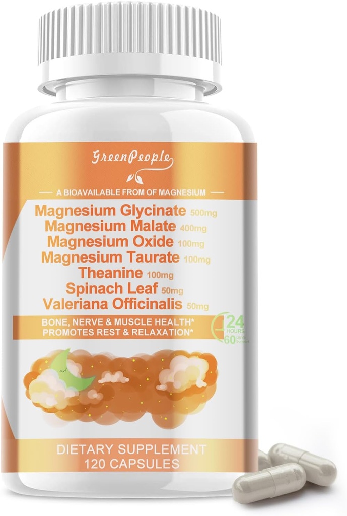 マグネシウムのグリシナート500mg/サービング、マレート、タウレート及び酸化物、筋肉のためのマグネシウムの補足、骨、広がりおよび消化サポート、120のビーガン、非GMO