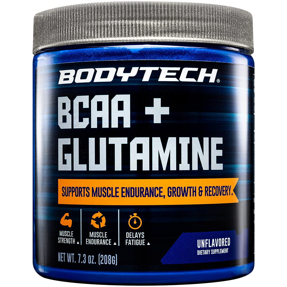 BodyTech BCAA +ビタミンC、Lグルタミンとグルタミンパウダー、エッセンシャルプレワークアウトまたはポストワークアウトアミノ酸男性と女性、アンフレーバー、7.3 Oz、30サービング