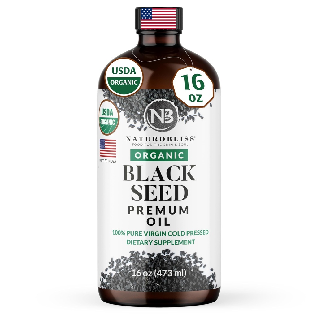NaturoBlissの有機性黒い種のオイル100のバージンの風邪はガラス ビンのオメガ3 6の9極度の酸化防止免疫サポート接合箇所のモビリティ消化の毛皮のビーガングルテンフリーのNonGMO USDAによって証明される16ozで押しました