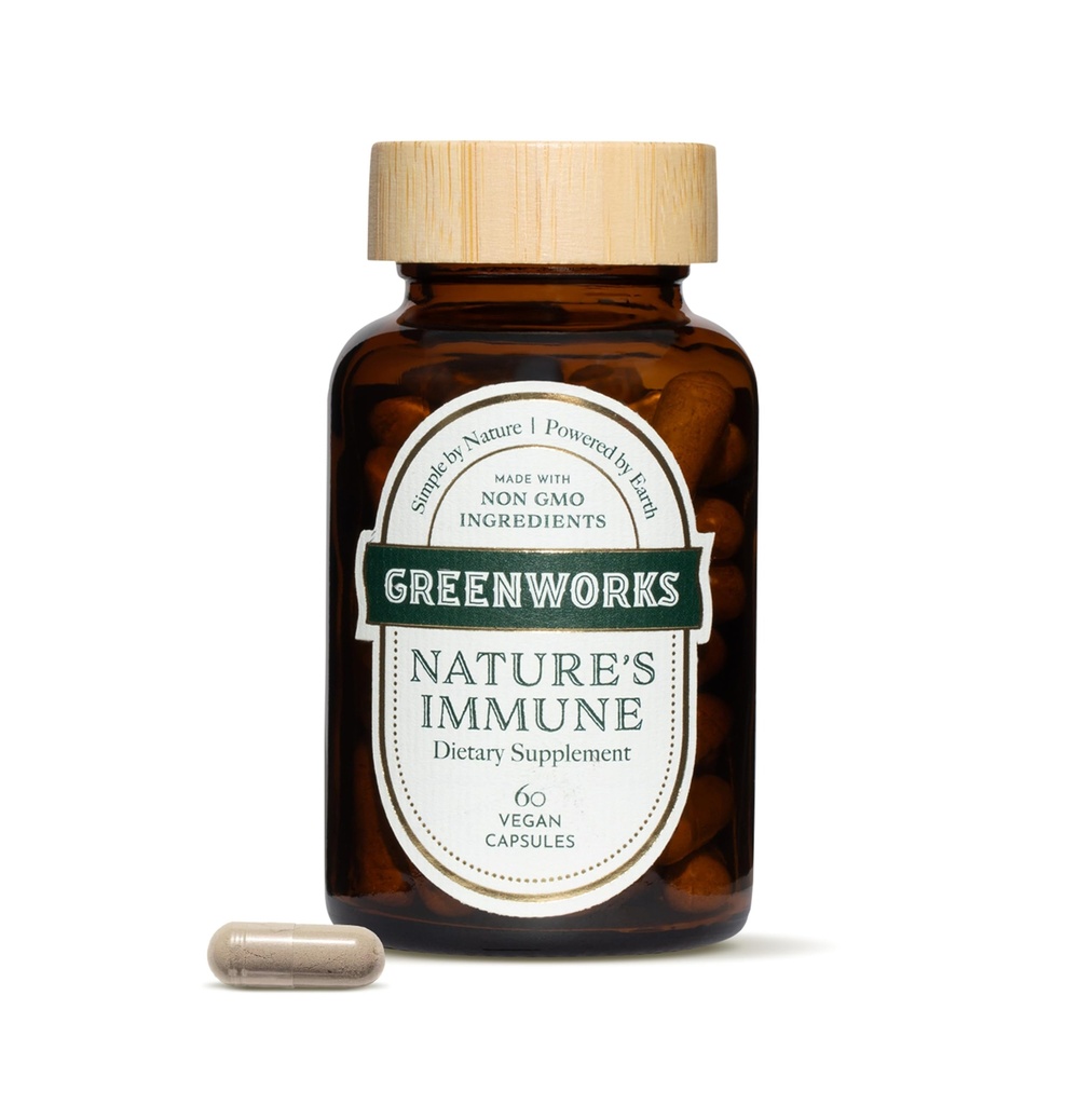 Greenworks Nature's Immune(グリーンワークス・ネイチャーズ・イムネ)は、Elderberry、Echinacea、ジンジャー、ターメリック&メディチナル・マッシュルーム、ビーガン、非GMO、グルテンフリー、30のサービング