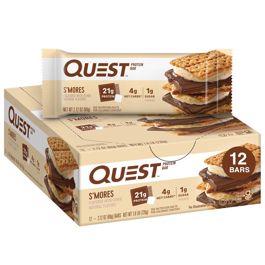 Quest Nutrition S'mores Protein Bar, 21g Protein, 1g Sugar, 4g Net Carb, Gluten Free, Keto Friendly, 12 カウント