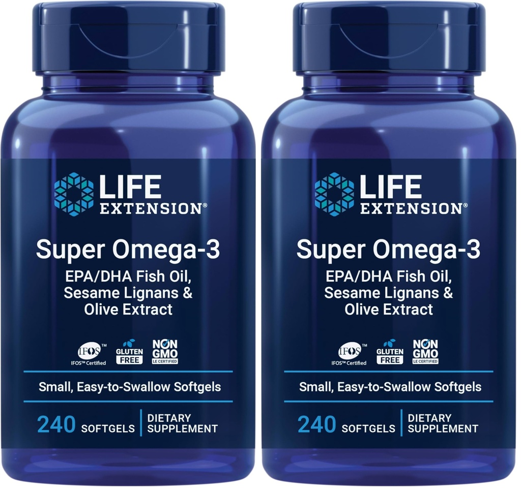 ライフエクステンションスーパーオメガ-3 EPA / DHAフィッシュオイル、セサメリガンズ&オリーブエキス - 心臓、脳、炎症の健康サポート、グルテンフリー、スワロ、非GMO、240ソフトゲル(パッケージ2)に簡単