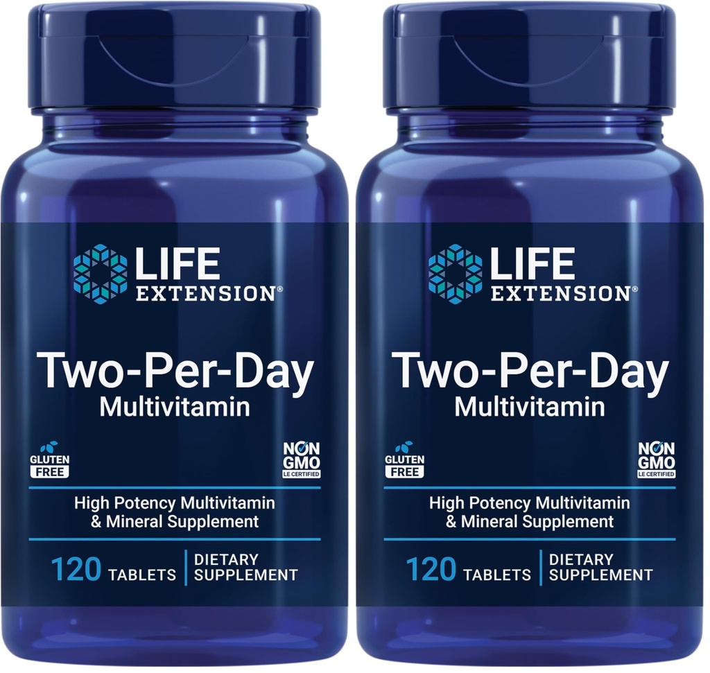 Life Extension Two-Per-Day High Potency Multi-Vitamin & Mineral Supplement - Vitamins, Minerals, Plant Extracts, Quercetin, 5-MTHF Folate & More - Gluten-Free - Non-GMO - 120 Tablets (Pack of 2)
