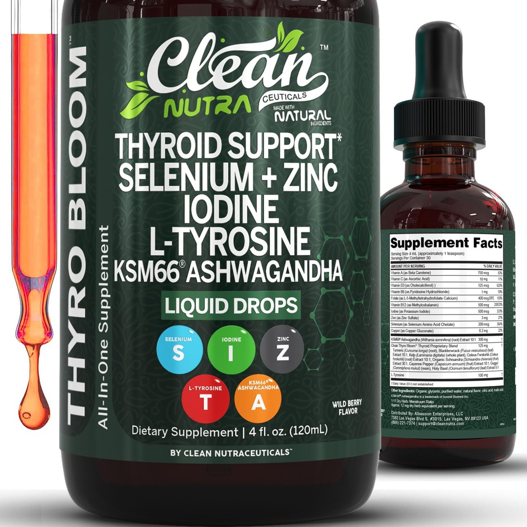 女性の液体のためのThyroBloomの甲状腺サポートはIodine LチロシンSeleniumの銅のashwagandha亜鉛KellpのBladderwrackのScisandraのGuggulのTurmericのビタミンA D3 B12はきれいなNuttra 4ozによって補います