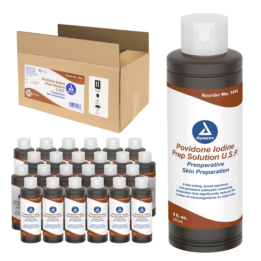 Dynarex Povidone-Iodine Prep Solution, Antiseptic Solution for Skin and Mucosa, Ideal for Surgical Site Preparation, Contains Povidone Iodine 10%,1 Case of 24 8 fl. oz. Bottles (Packaging May Vary)